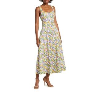 NICHOLAS Kiki Floral Print Sweetheart Neckline Linen Midi dress
